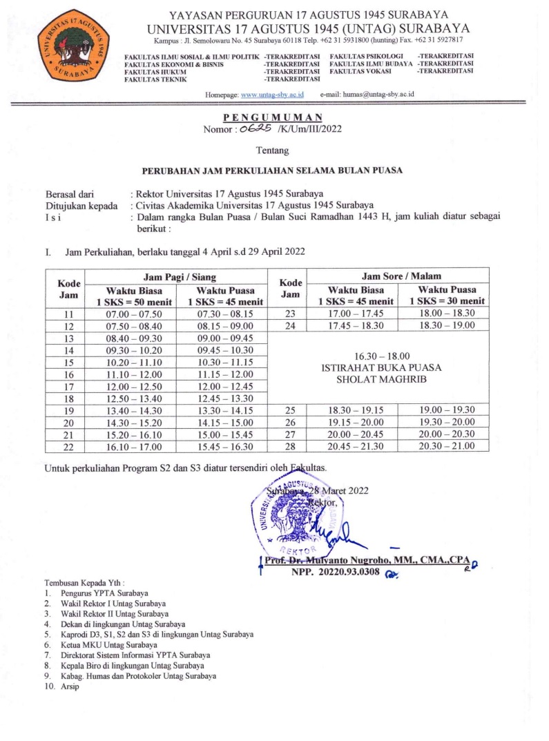 Jadwal Perkuliahan Selama Bulan Ramadhan