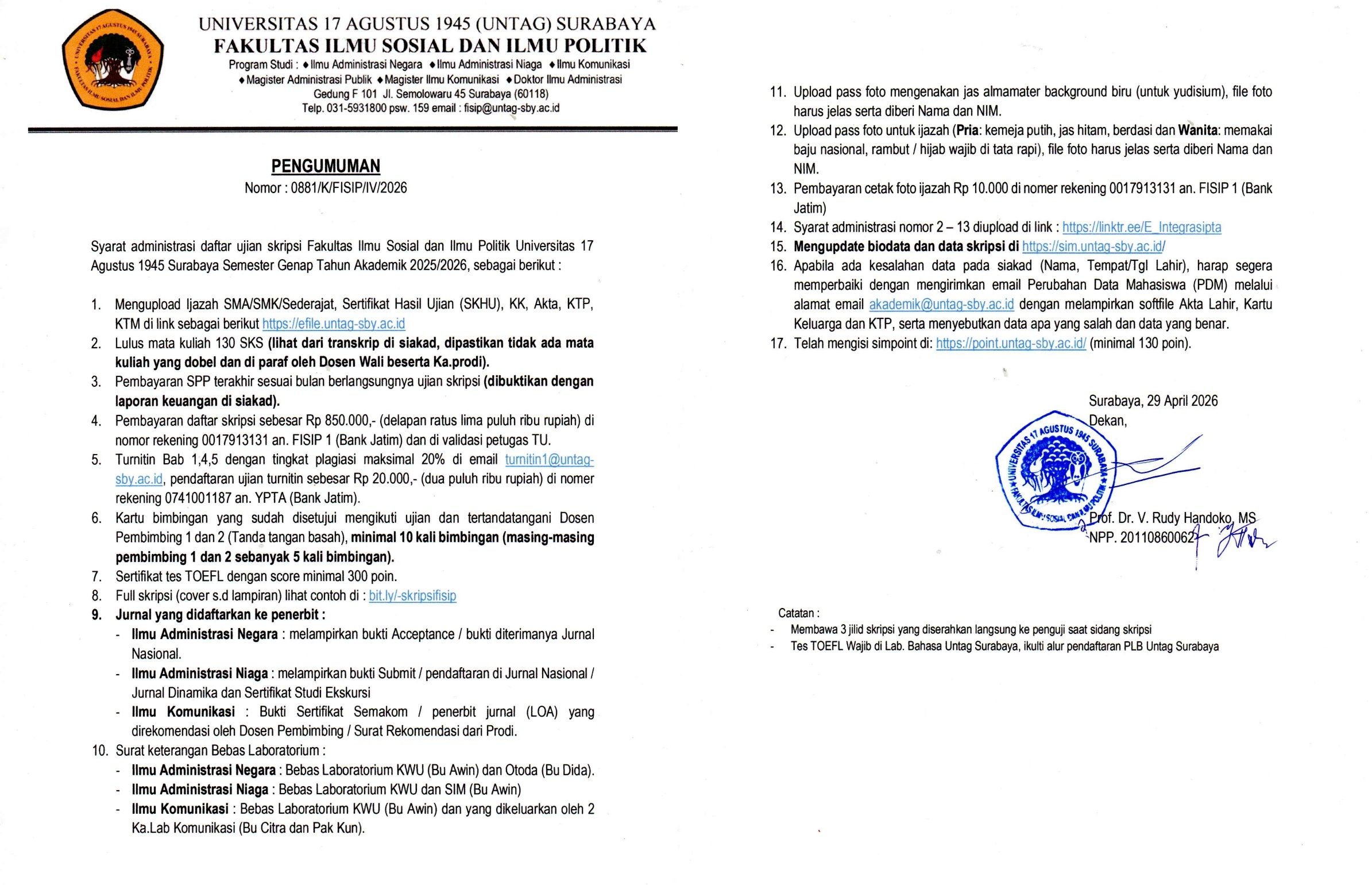 Pengumuman Pendaftaran Ujian Skripsi Semester Genap 2025/2026