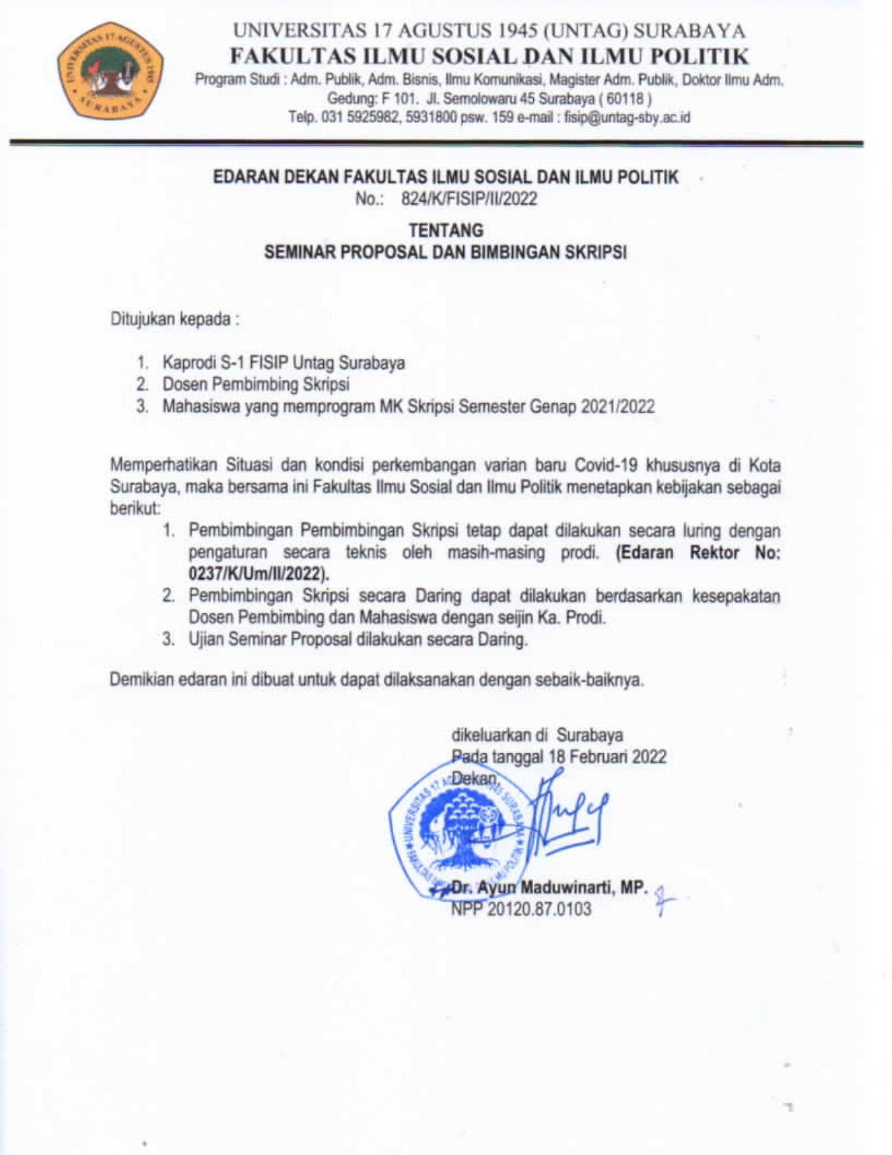 Edaran Pelaksanaan Skripsi dan Seminar Proposal Semester Genap 2021/2022