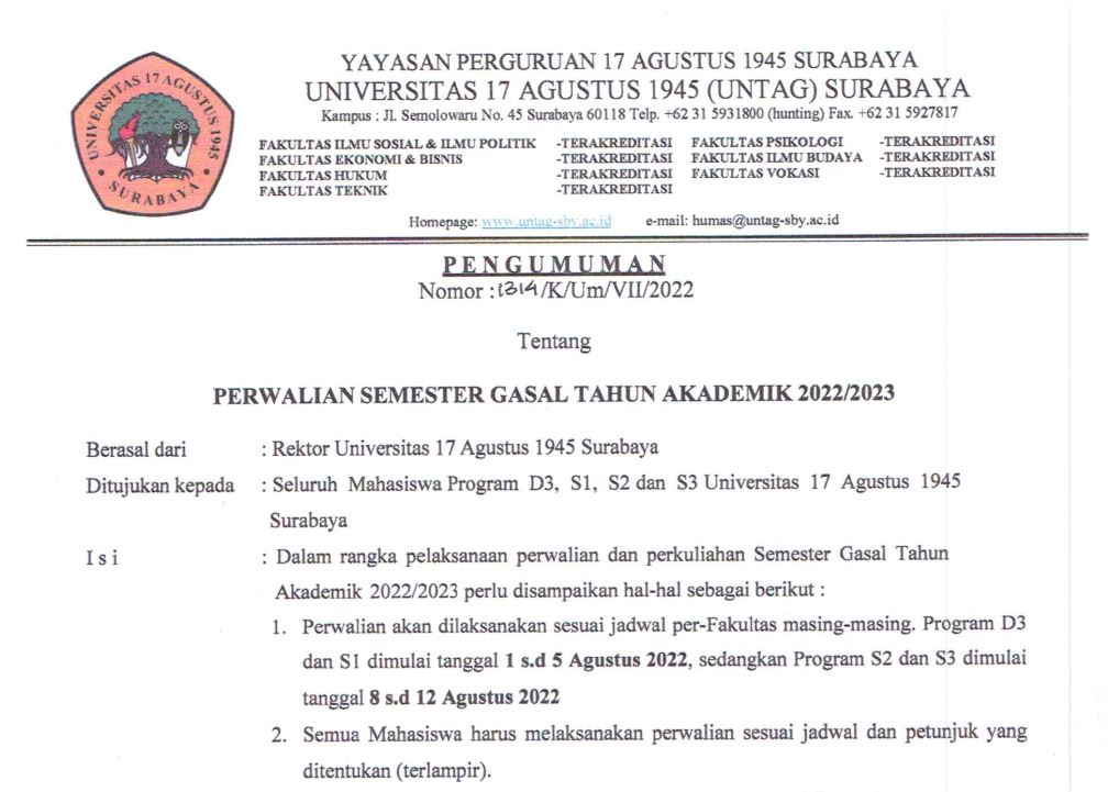 Pengumuman KRS dan Perwalian Semester Ganjil 2022/2023