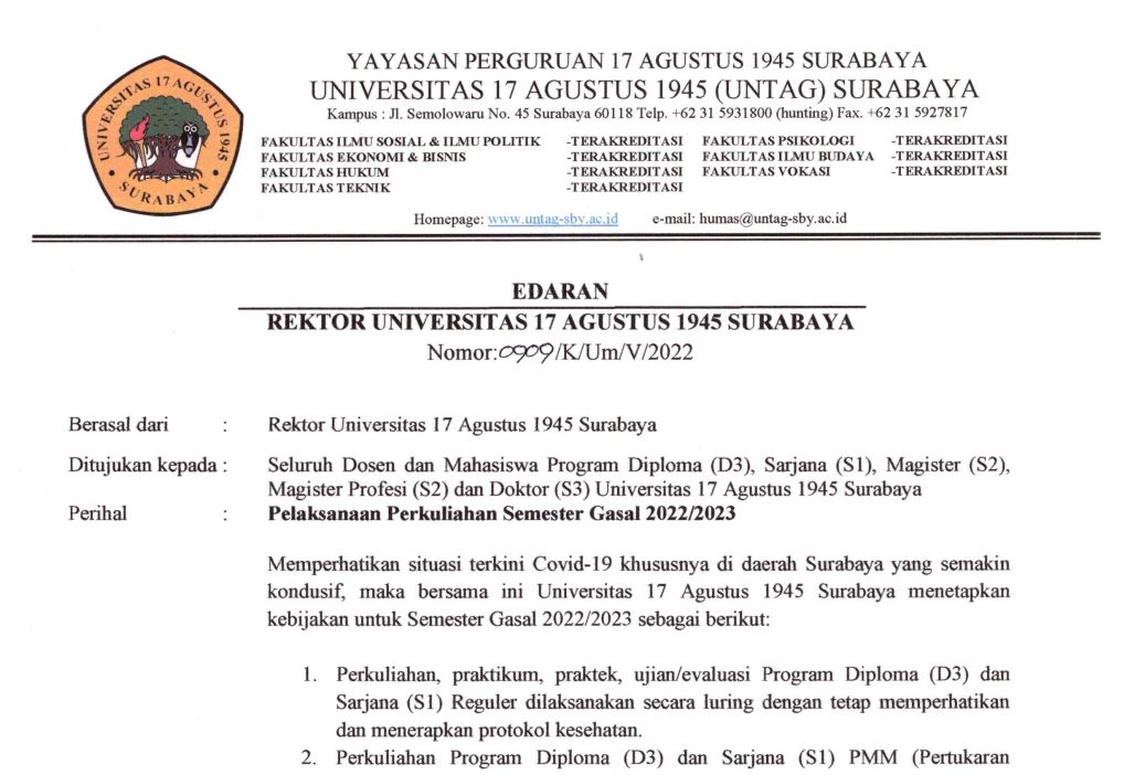 Edaran Pelaksanaan Perkuliahan Semester Gasal 2022-2023