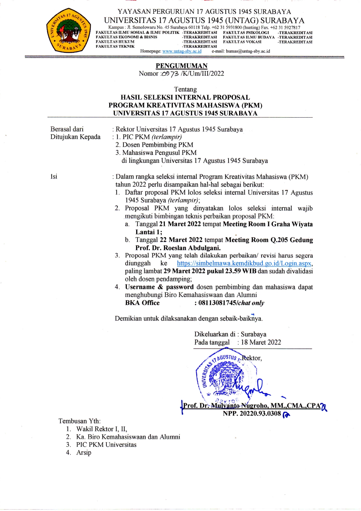 Pengumuman Seleksi Internal Program Kreatifitas Mahasiswa (PKM) 2022