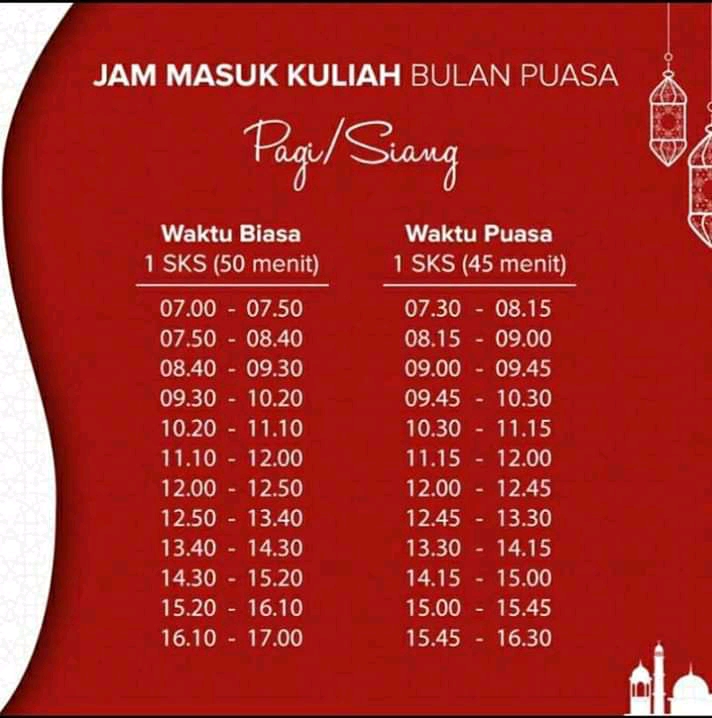 Jadwal Perkuliahan Selama Bulan Puasa Kelas Pagi