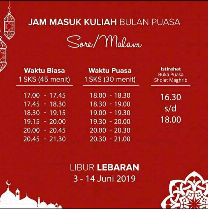 Jadwal Perkuliahan Selama Bulan Puasa Kelas Malam